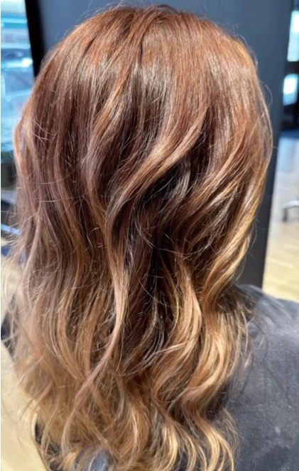 Långt, vågigt hår med balayage från mörkt till ljust brunt, sett bakifrån