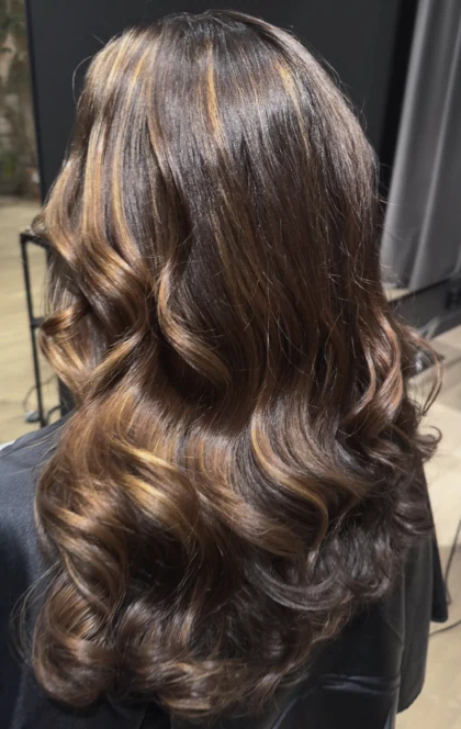 Långt, mörkt hår med mjuka lockar och volym, sett bakifrån